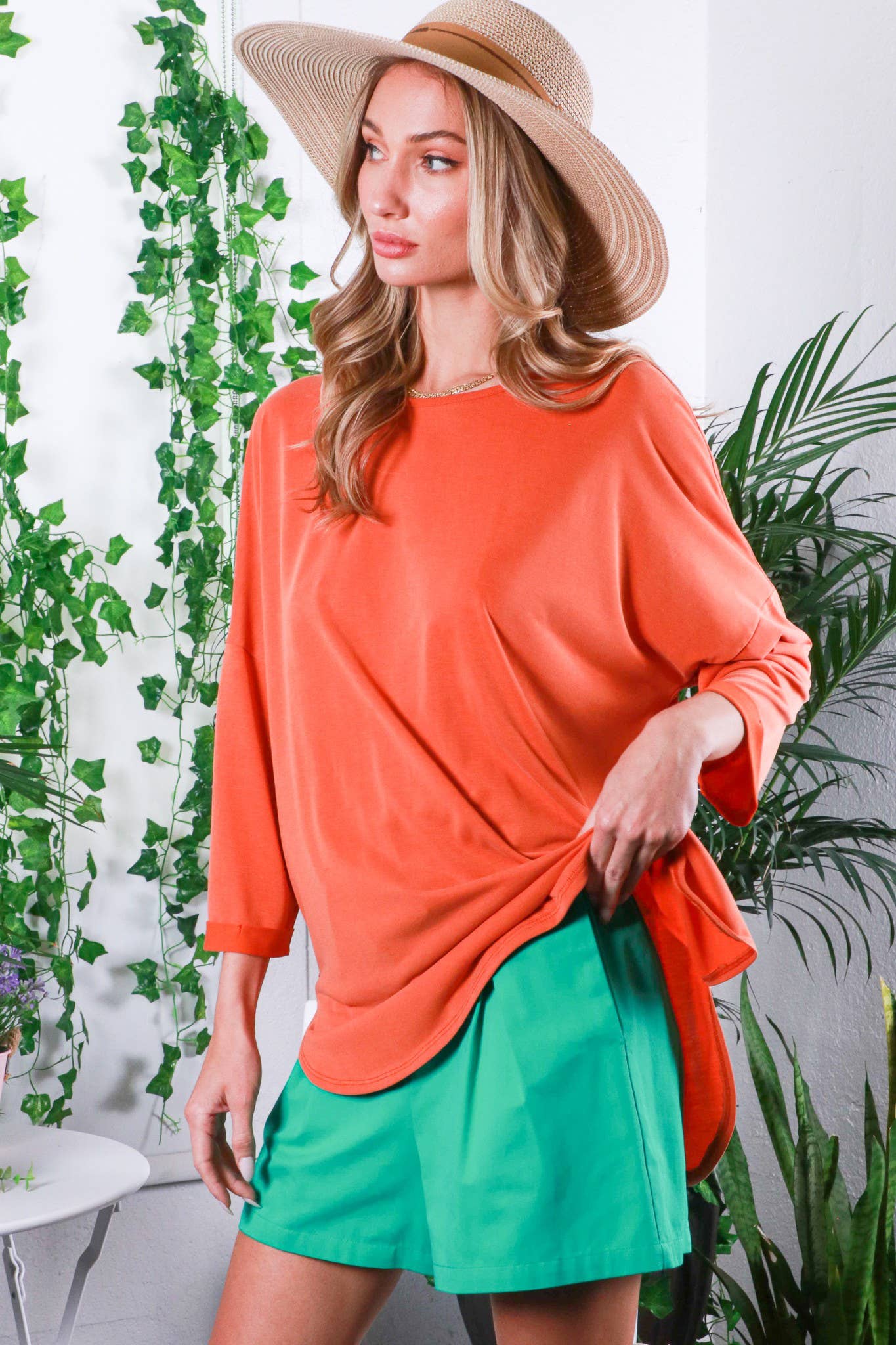 Vine & Love - Vente Haut en maille – femme - Haut en tricot cupro 3/4 à col rond et manches retroussées VT818107