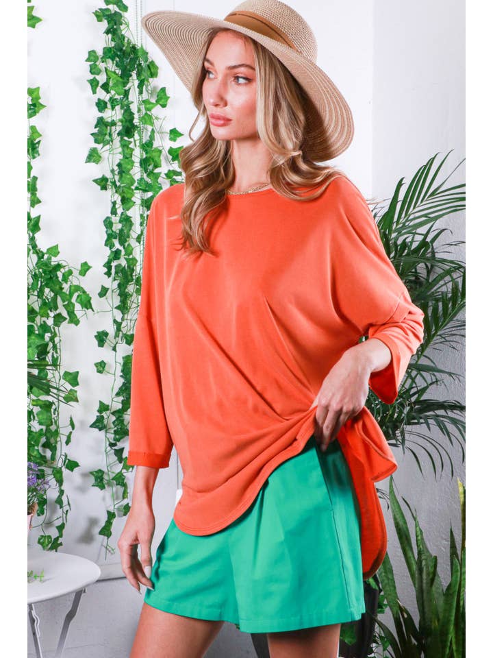 Vine & Love - Vente Haut en maille – femme - Haut en tricot cupro 3/4 à col rond et manches retroussées VT818107