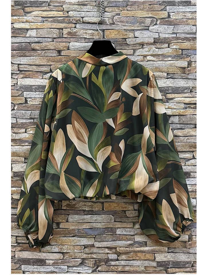 LOOWIE - Wholesale Blouse – Women’s - ELBLGRE Italian Green Botanical Chiffon Blouse with Tie Neck1