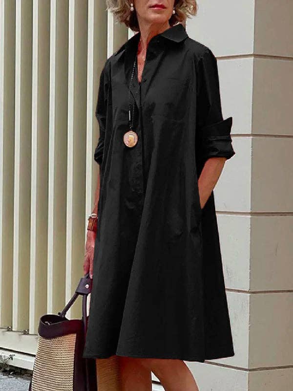 StyleGalX - Wholesale Dress - Women's - Simple Long Sleeves Solid Color Lapel Midi Dress1