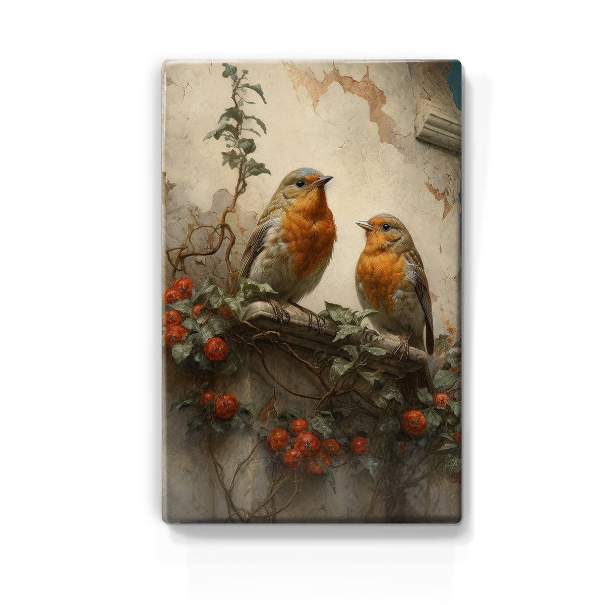 Laqueprint - Wholesale Art Print - Laqueprint - Two robins in front of an old wall - Hand lacquered - 19.5 x 30 cm - LP3860