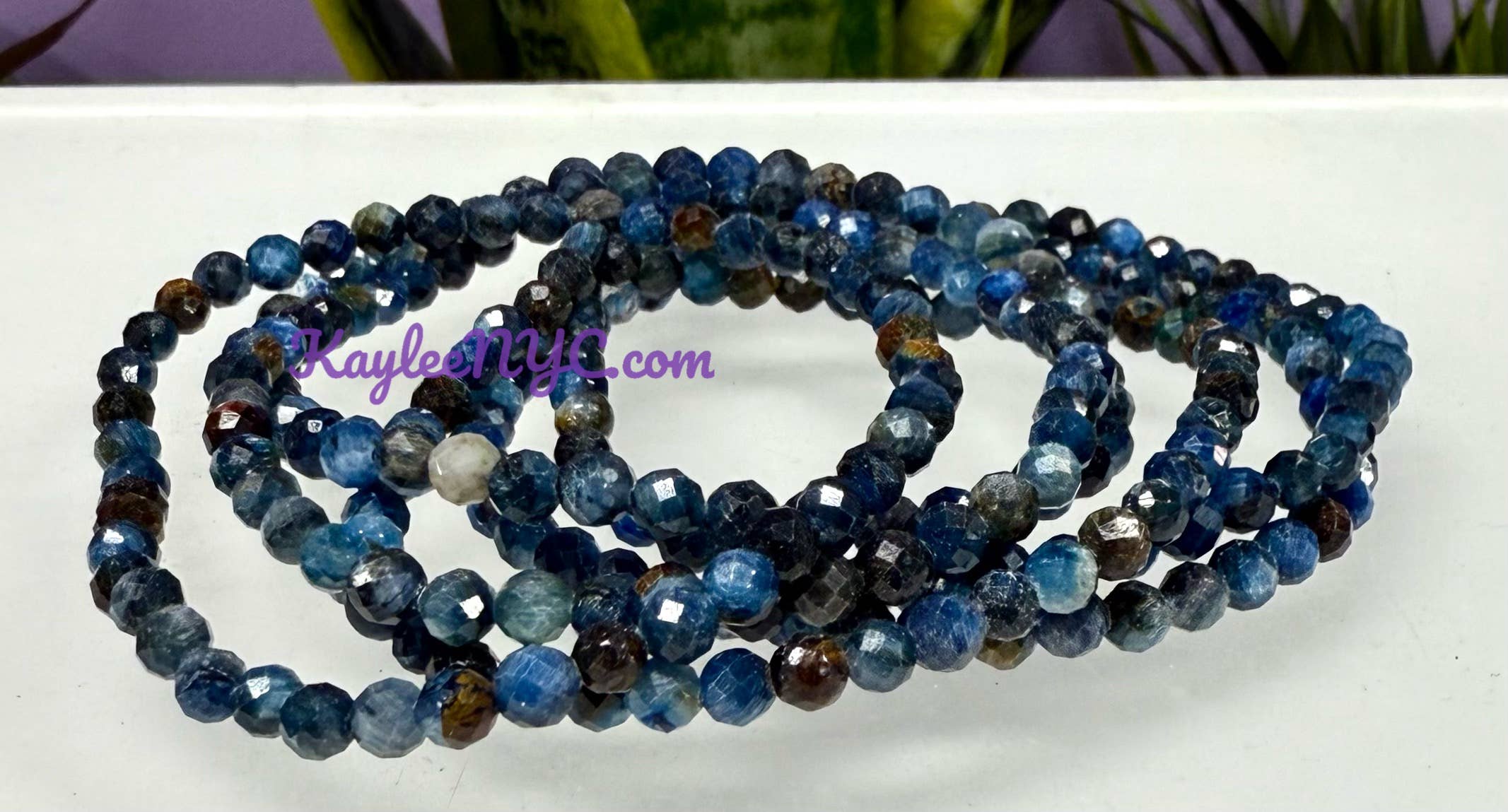 KayleeNYC - Vendita all'ingrosso Parure di gioielli - Bracciale in Cristallo di Cianite Blu Naturale Sfaccettato 4mm 7,5”3