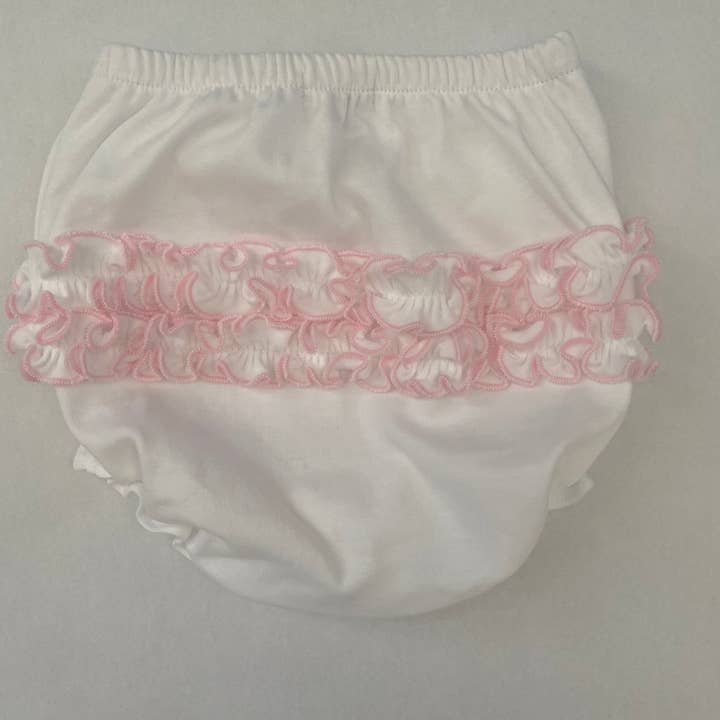 Pima Bloomer blanco volante con ribete rosa para venta al por mayor de Cute as Buttons