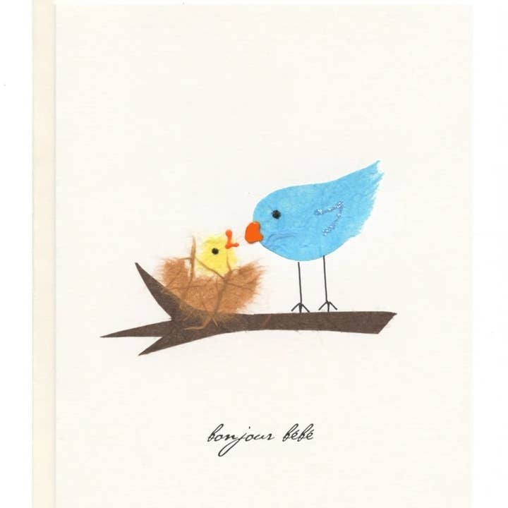 FLAUNT HANDMADE CORRESPONDENCES - Wholesale Baby Card - "Bonjour Bebe" Mama and Baby Bird