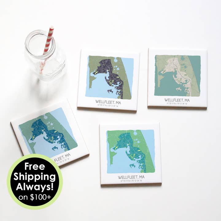 Wellfleet Massachusetts Map Tile Coasters (Set of 4) for wholesale by Sparks House Co.