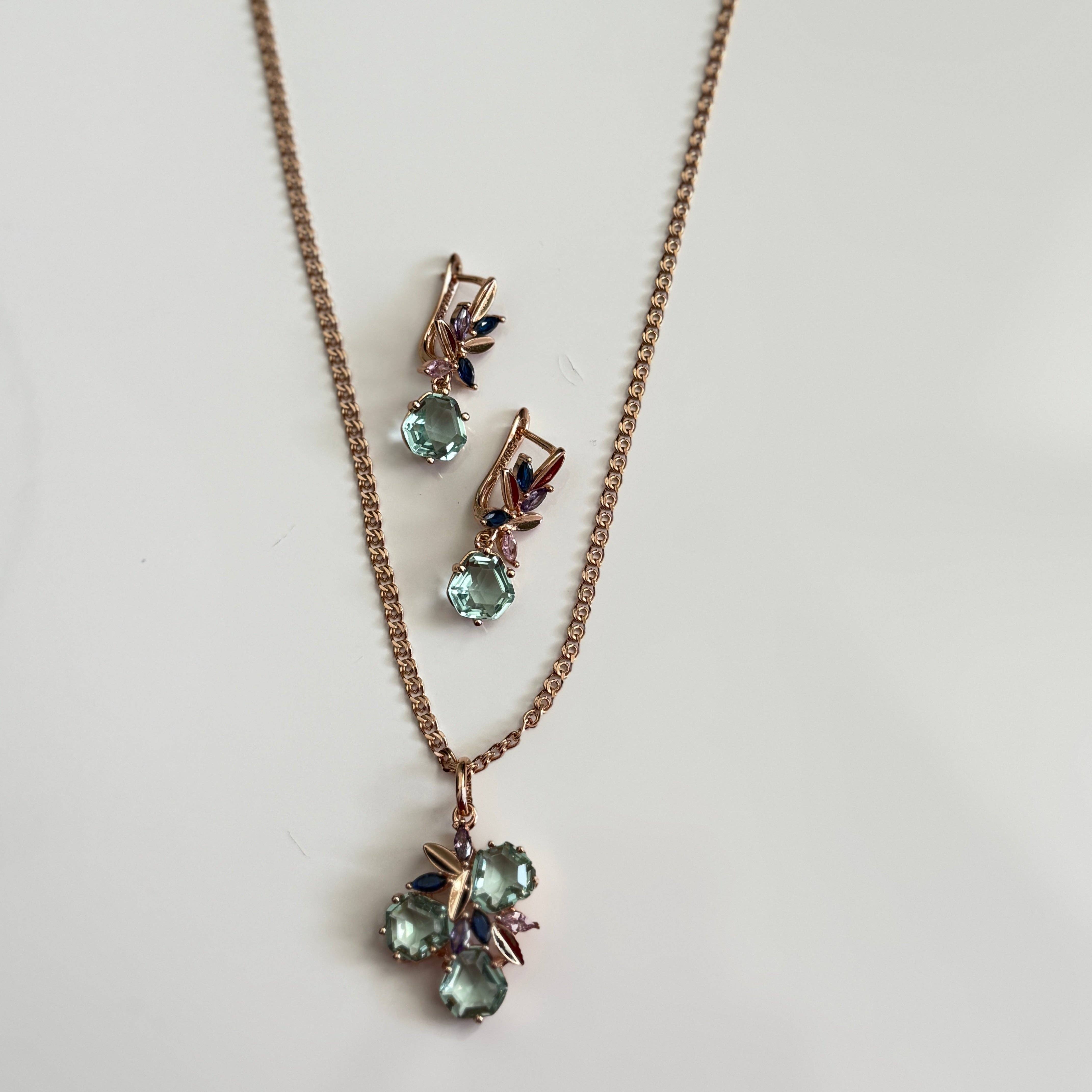 Vinnis Jewelry - Wholesale Jewelry Set - Celestial Bloom Mint Green Crystal Necklace and Earrings Set – Rose Gold Floral Design with Blue and Violet Accents3