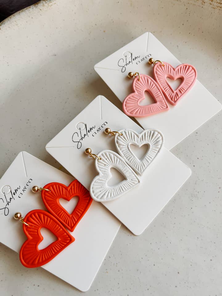 Embossed Heart Earrings I Valentines Earrings for wholesale by Shalom Clay Company