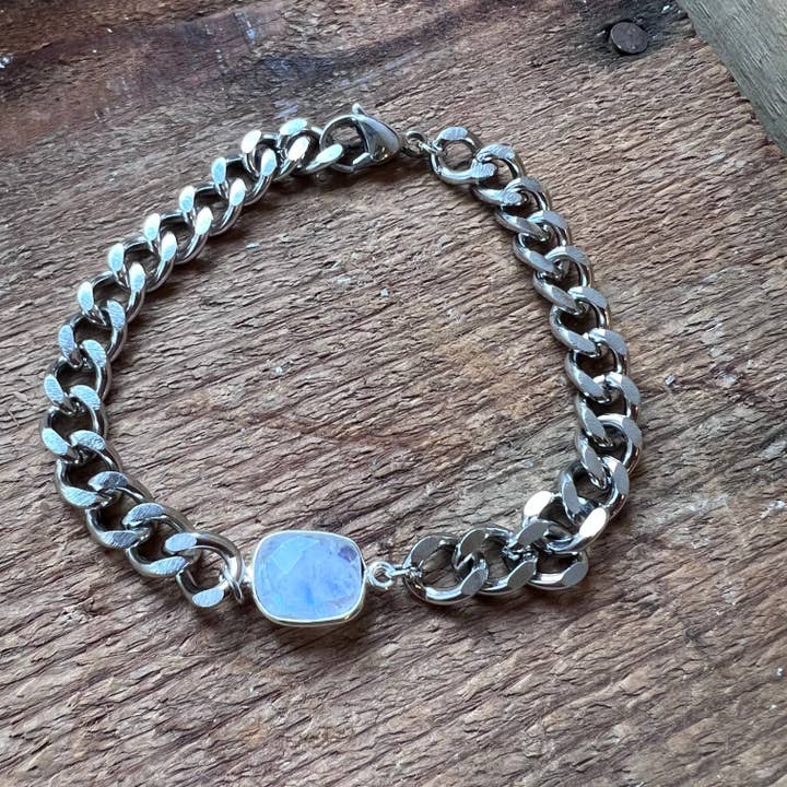 Adjustable Silver Curb Chain Bracelet with Moonstone for wholesale by Carley King Jewels
