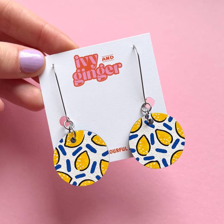 Lemon print Summer hand painted wooden dangle drop earrings for wholesale by ivy and ginger