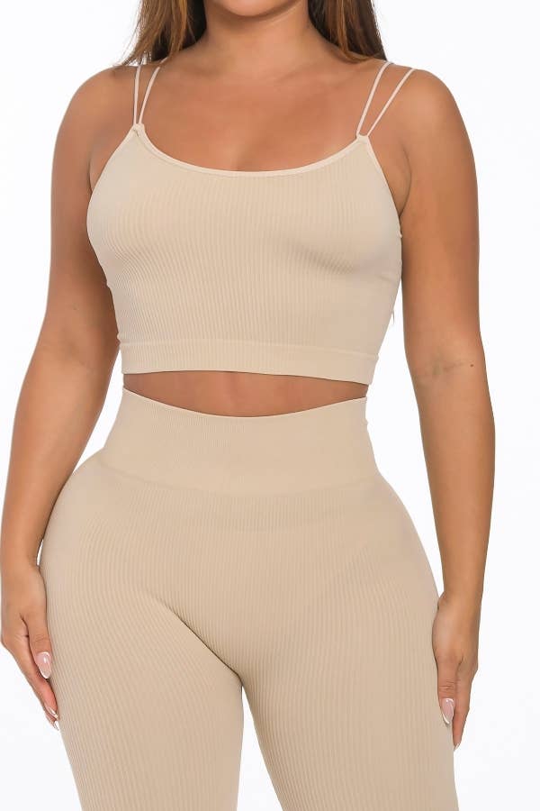 Lime All the Time - Wholesale Lounge Set - Women's - 2 Pcs Seamless Double Spaghetti Strap Top and Legging Set4