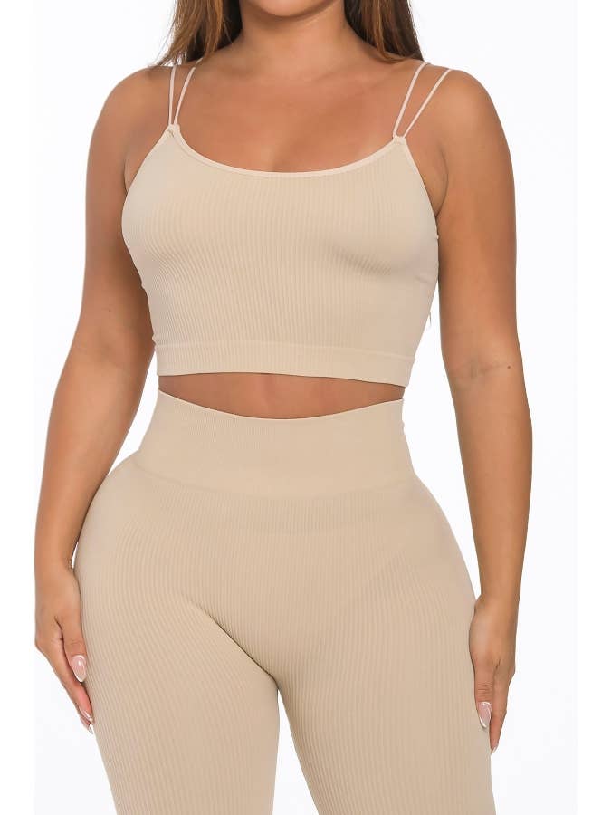 Lime All the Time - Wholesale Lounge Set - Women's - 2 Pcs Seamless Double Spaghetti Strap Top and Legging Set4