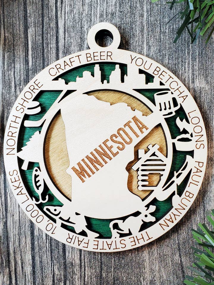 State Ornament - Wood USA Ornament - Christmas Ornament - Minnesota Ornament for wholesale by Creekside Cottage Designs