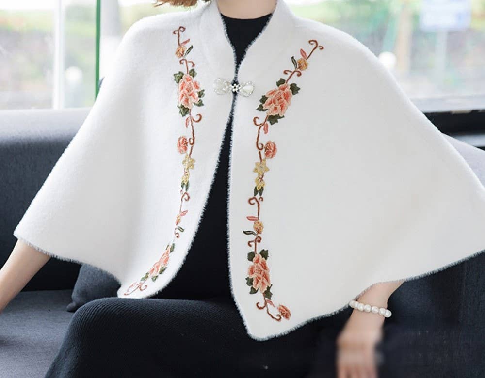 PEACH ACCESSORIES - Wholesale Cape - Women's - Embroidered Floral Cape Shrug with Pearl Clasp B0241
