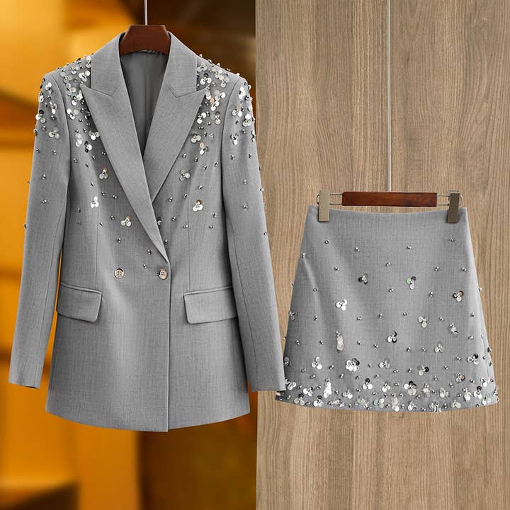 Color as pictures SET-12Y Gray Sequin Beaded Blazer and Skirt Two-Piece Suit for wholesale on Faire
