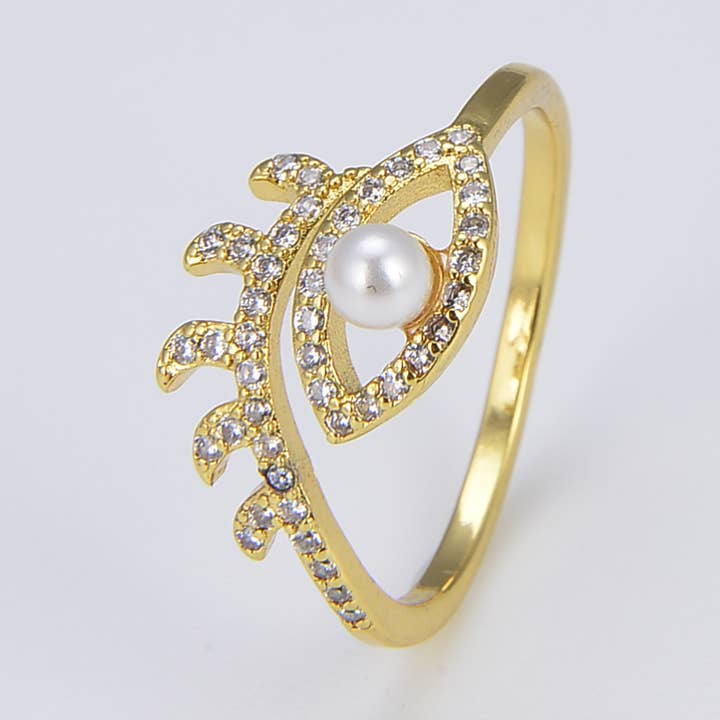 White Pearl Evil Eye Ring, Adjustable Gold Filled Ring RG079 for wholesale by Beads Creation