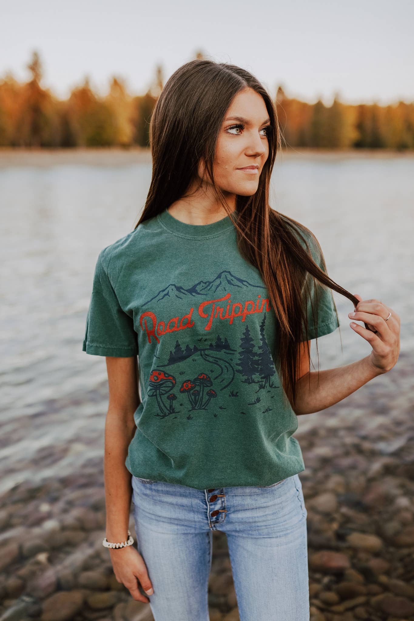 The Montana Scene - Wholesale Screen Printed T-Shirt - Women's - Road Trippin Unisex Tee - Blue Spruce1