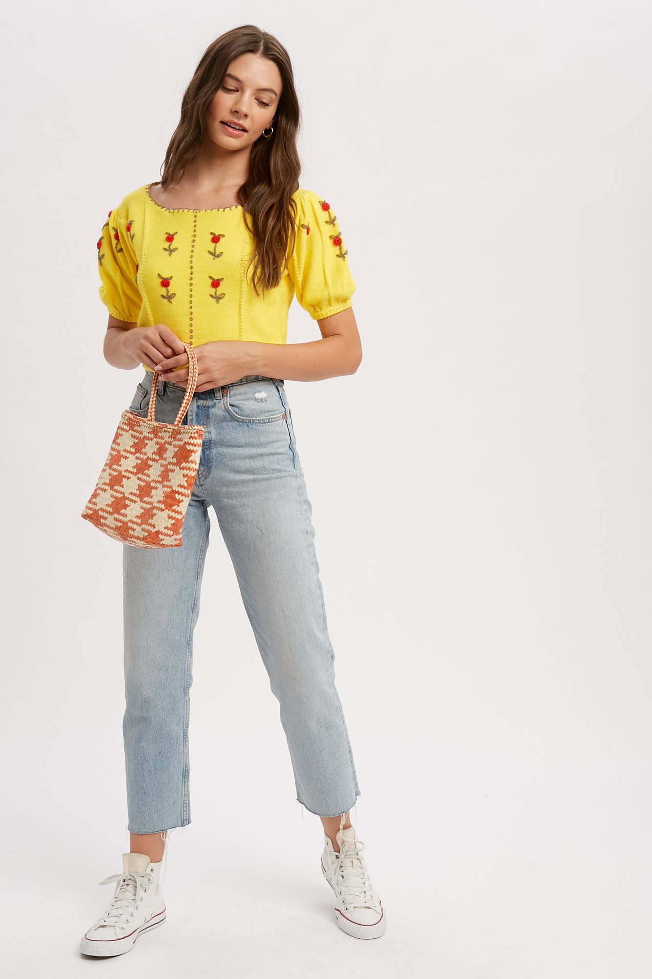 Gelb Besticktes Strickoberteil mit Puffärmeln LSW0677 für den Großhandel auf Faire6