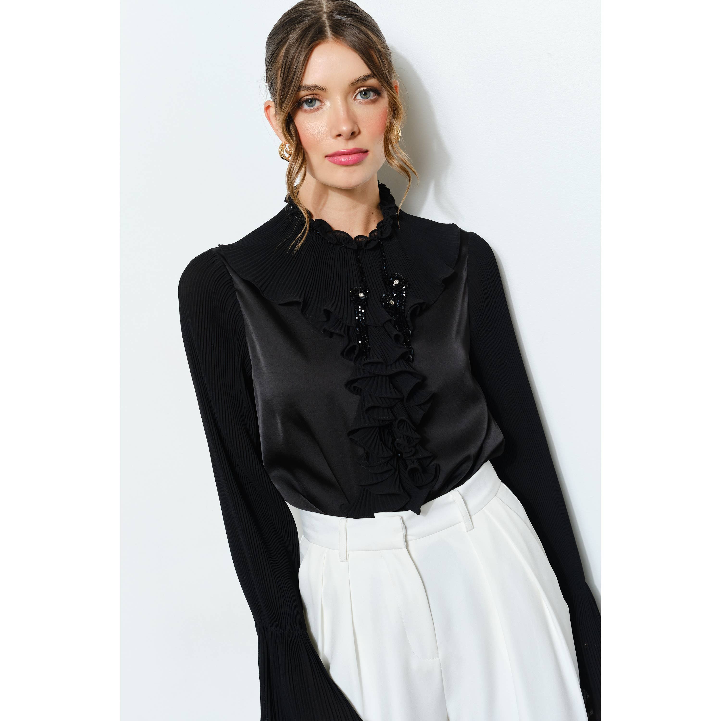 INA - Wholesale Blouse - Women's - Romantic Princess Pleated Satin Ruffled Blouse Top2