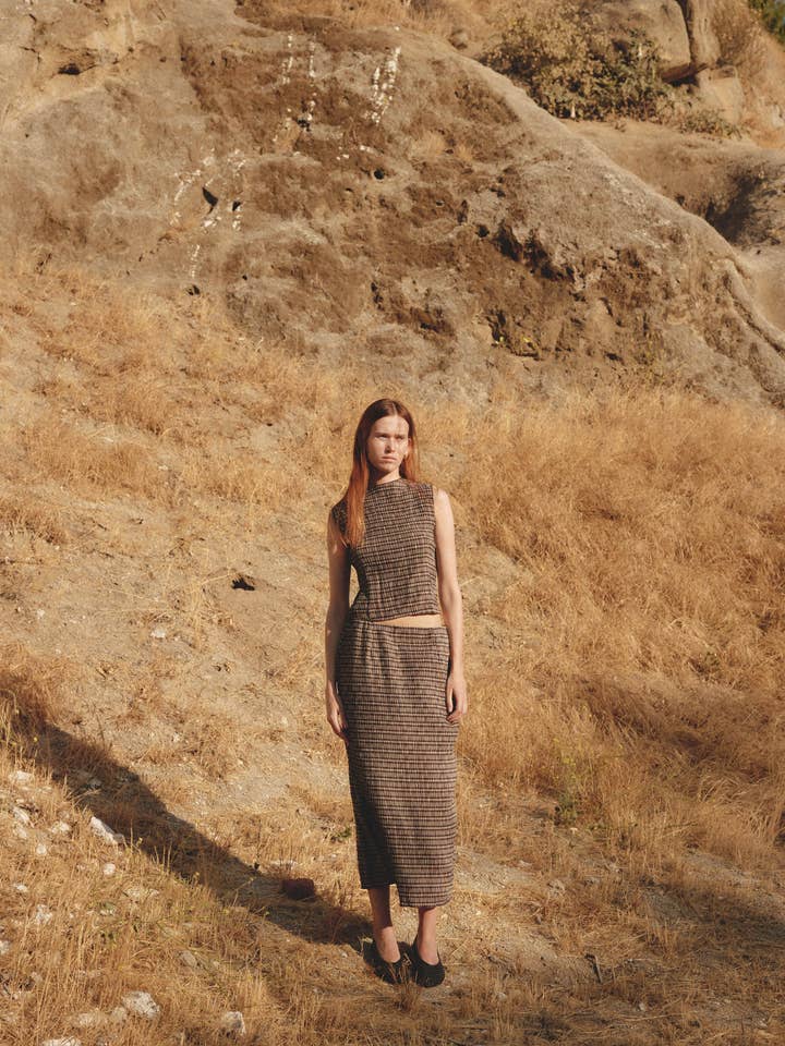 The Sab Skirt | Plaid Crinkle Midi Skirt for wholesale by All Row