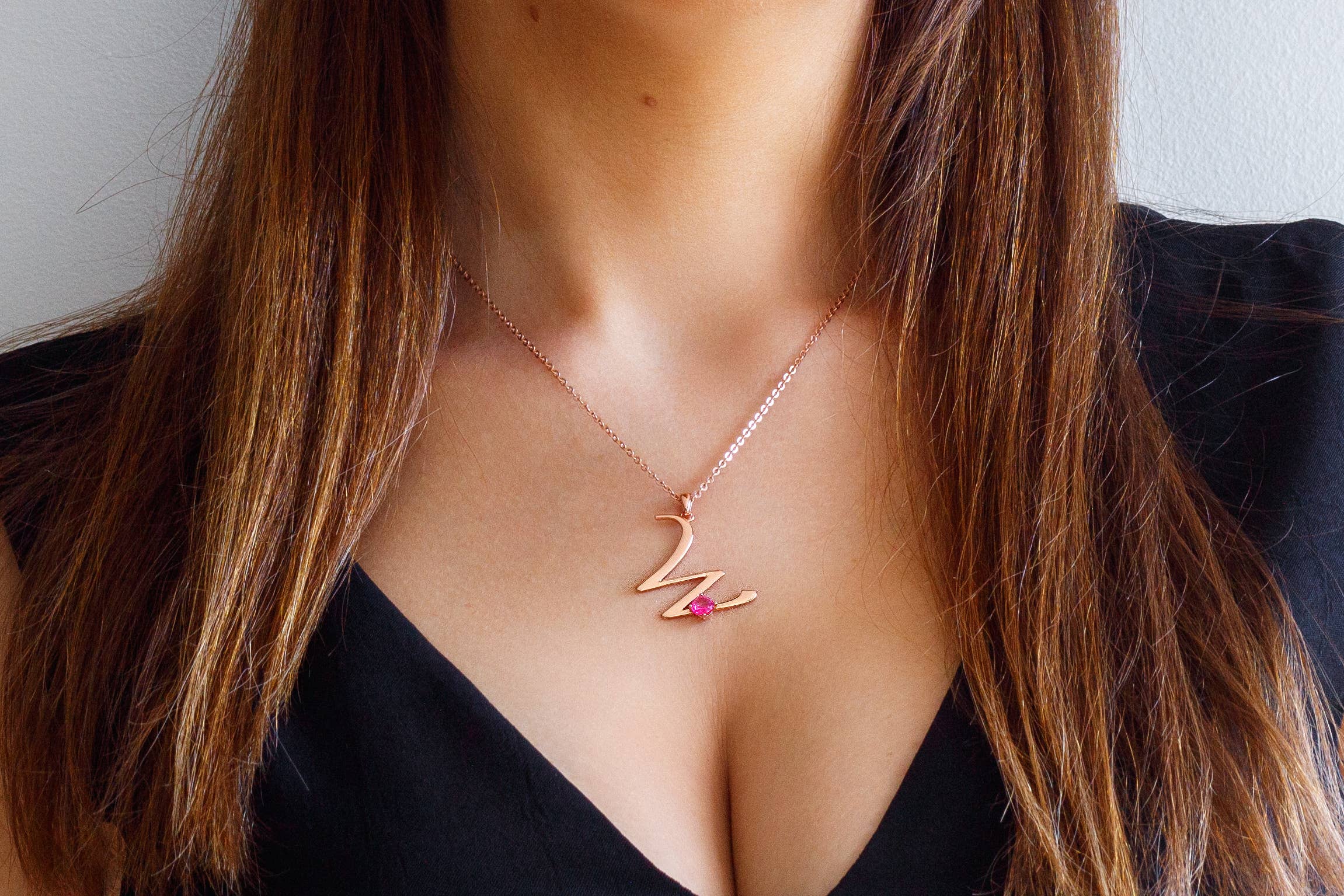 Thesoftcheek Jewelry - Wholesale Pendant/Charm Necklace - Initial Letter Necklace Silver Rose Gold Vermeil- Pink Topaz21