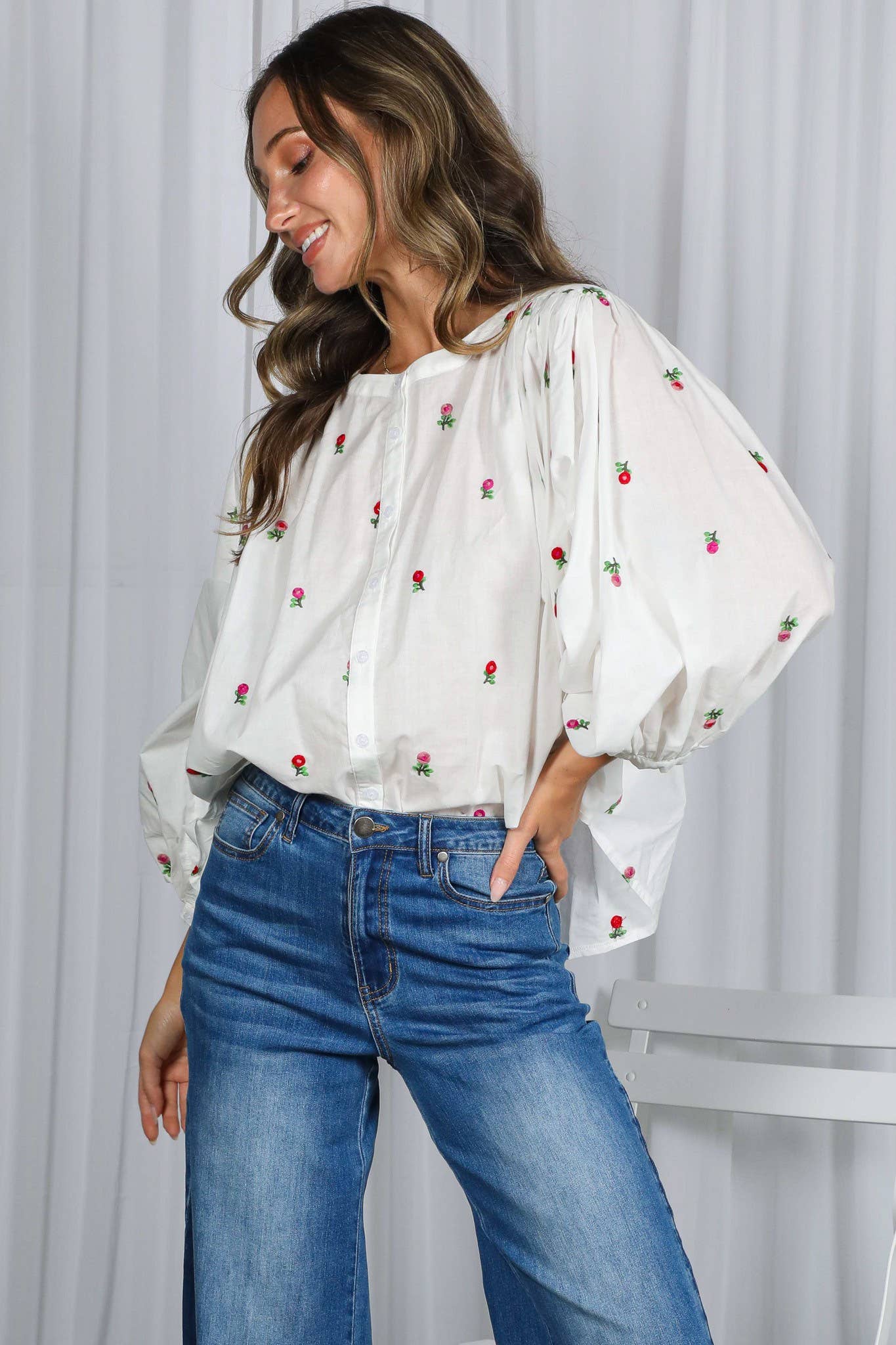 Off White English Ross Embroidered Draped 3/4 Sleeve Blouse VT82897 for wholesale on Faire16