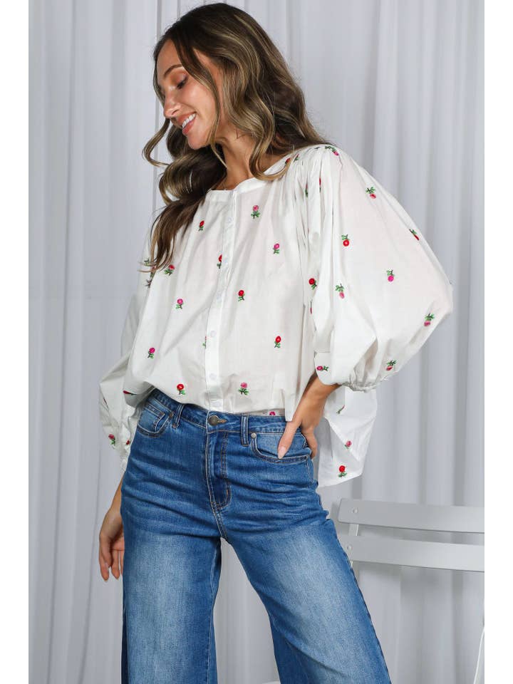 Off White English Ross Embroidered Draped 3/4 Sleeve Blouse VT82897 for wholesale on Faire16