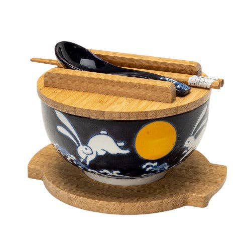 Moon Rabbit 28oz 6"D Bowl With Chopsticks, Spoon Bamboo Lid and Trivet Set (1/8) for wholesale by Urban Tokyo