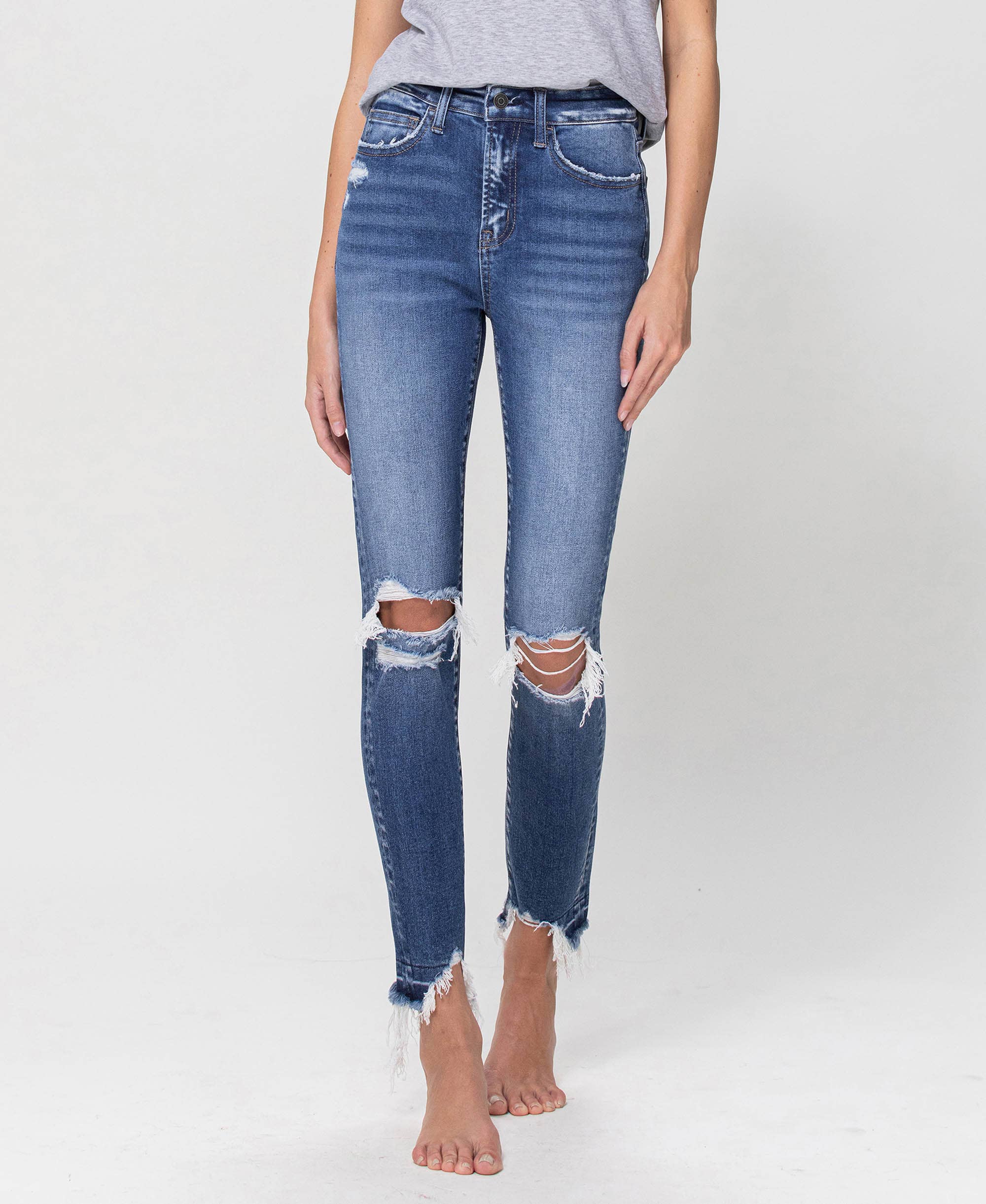 ROMANTIC CHILD HIGH RISE DISTRESSED ANKLE SKINNY JEANS F4422 for wholesale on Faire6