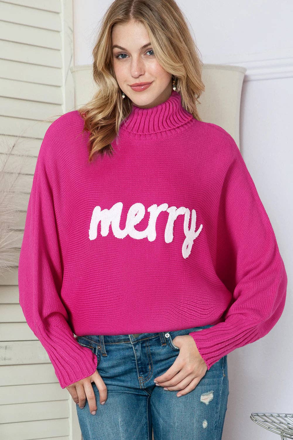 PRETTY BASH - Wholesale Knit Sweater - Women's - Christmas Merry Embroidered Puff Sleeve Turtleneck Sweater8