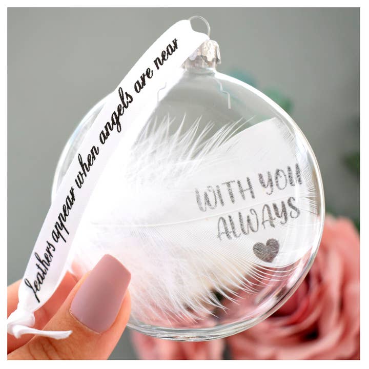 WITH YOU ALWAYS Bauble Glass Round. Real White Feather for wholesale by Amaya Rose Ltd.
