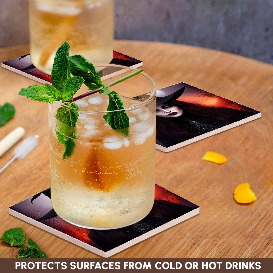 3dRose - Wholesale Coasters - 3dRose, Dark Fantasy Witch Lady, Red Light, Moon, Forest. Halloween Theme, Coaster2