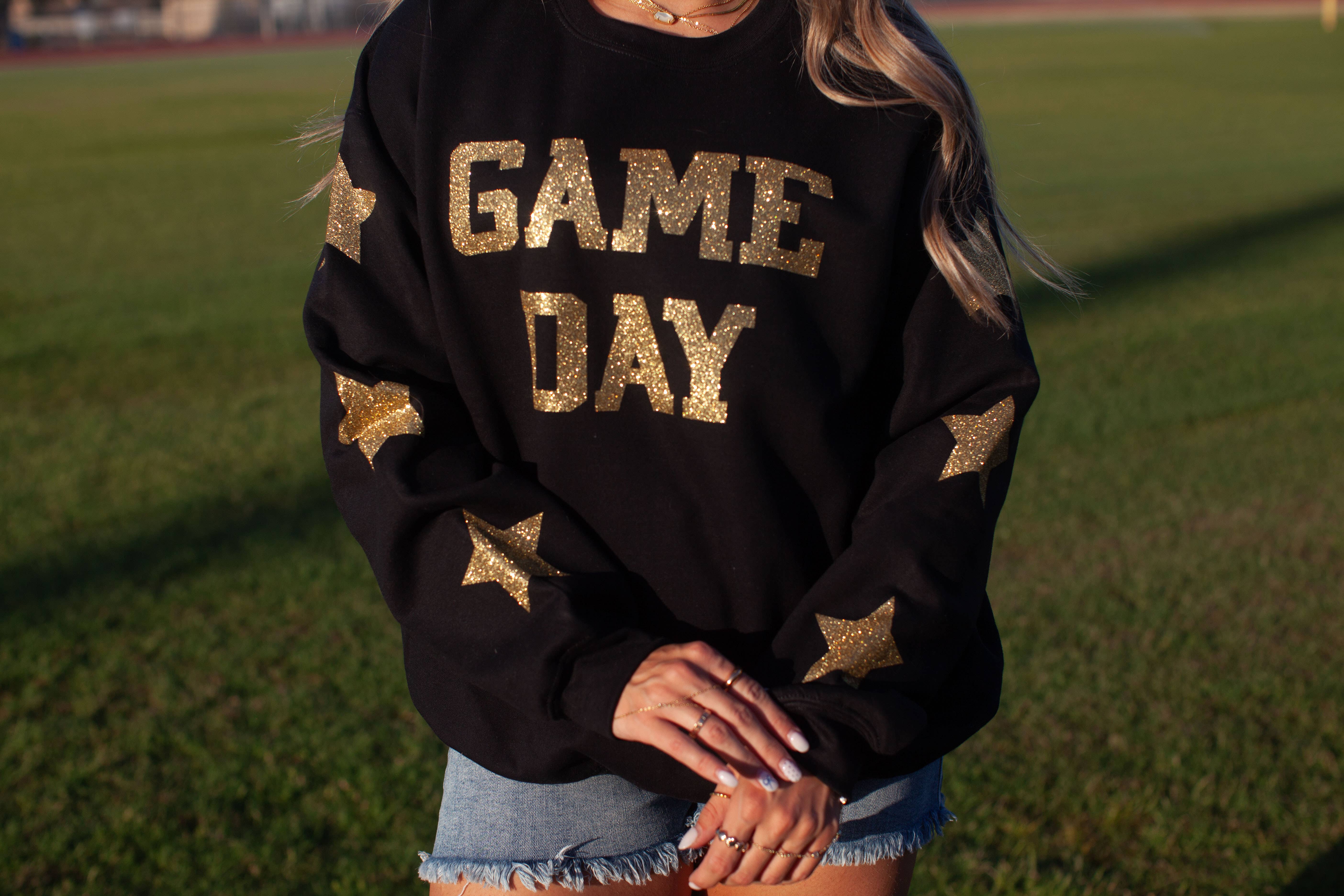 Broke Babes Wholesale - Venta al por mayor Sudadera estampada - Mujer - Sudadera de día de partido con purpurina completa en negro y dorado