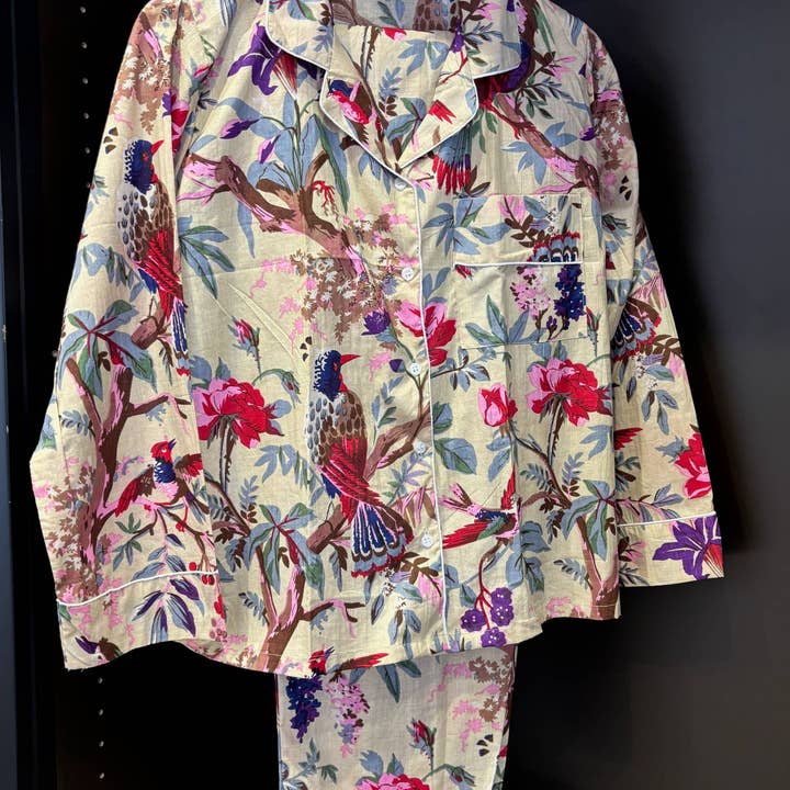 Light Green Flowers and Birds Indian Cotton Pyjama Set for wholesale by Muno