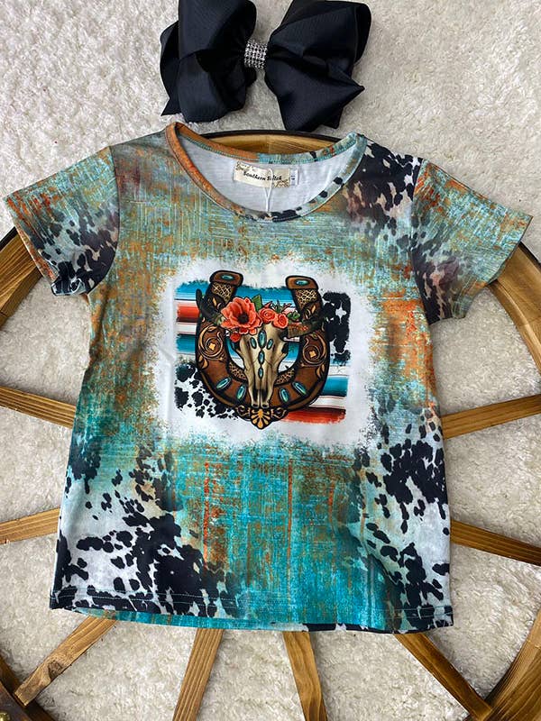 XCH0722-102H Horse shoe & bull skull printed girls t-shirt for wholesale by luluclothes