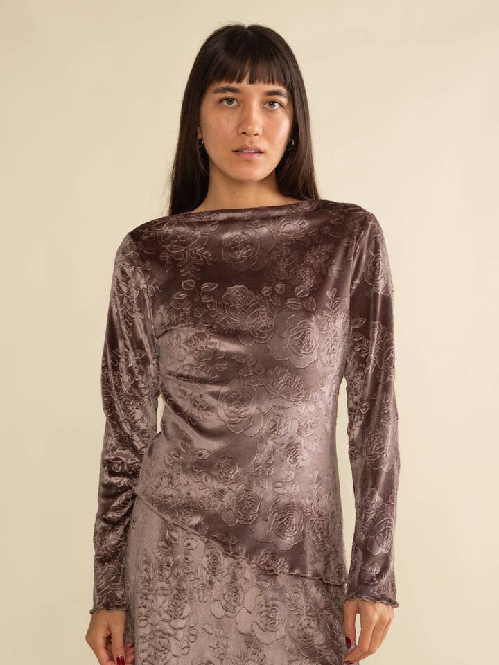 Taupe Jemma Velvet Floral Hem Boat Neck Top - Plus Size for wholesale on Faire
