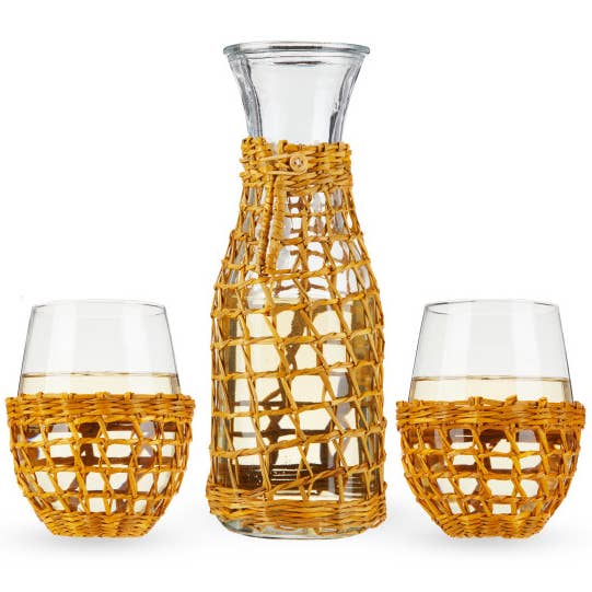 Twine - Wholesale Cocktail/Liquor Glass - Island Carafe & Stemless Glassware w/Seagrass Wrap -Set of 3