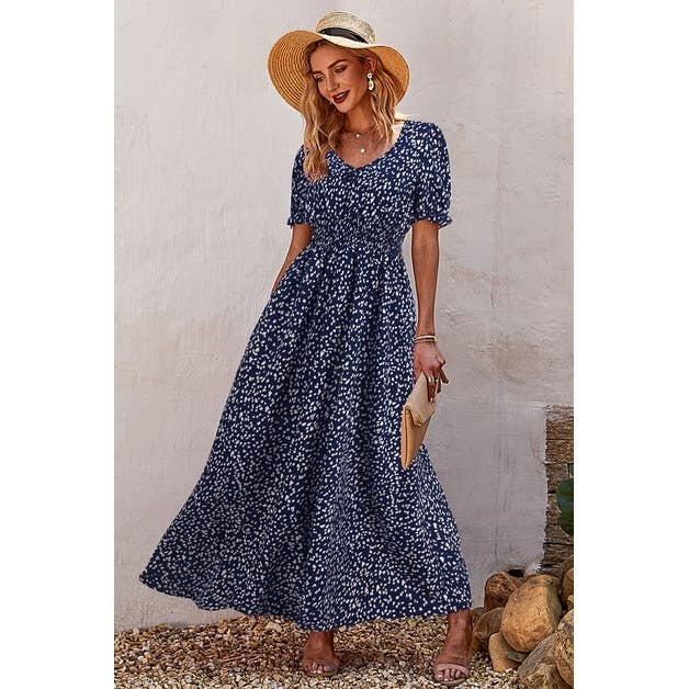 Supreme Fashion - Wholesale Dress - Women's - Allover Print Puff Sleeve Ruched Shirred Dress