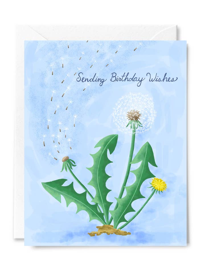 Geburtstags-Grußkarte mit Löwenzahn-Wünschen für den Großhandel von Courtney Beyer Design