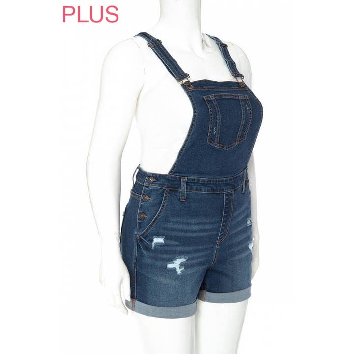 Timeless - Wholesale Overalls - Women's - PLUS DESTROYED ROLLED CUFF DENIM SHORTALLS