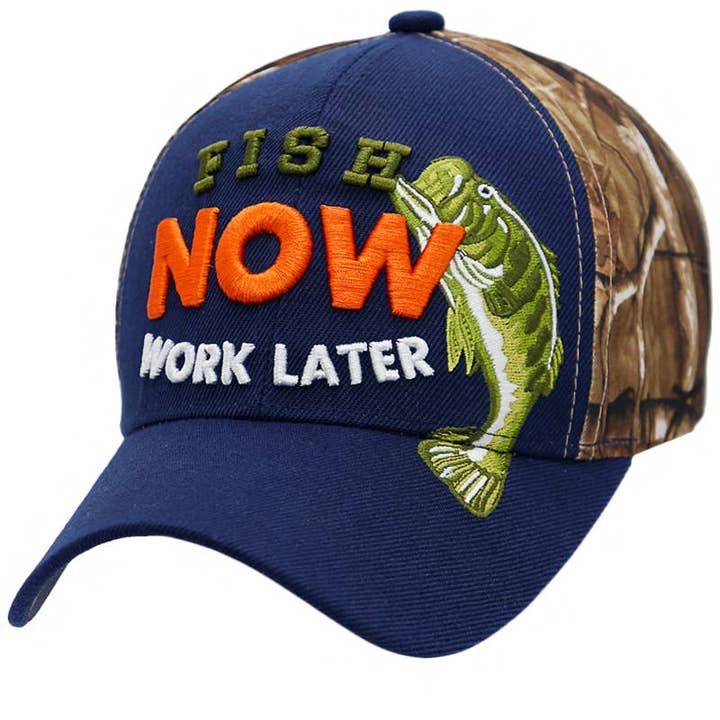 Cap Zone – Großhandel Basecap – Unisex – Fish Now Work Later Hunt Camouflage-Baseballmütze aus Acryl