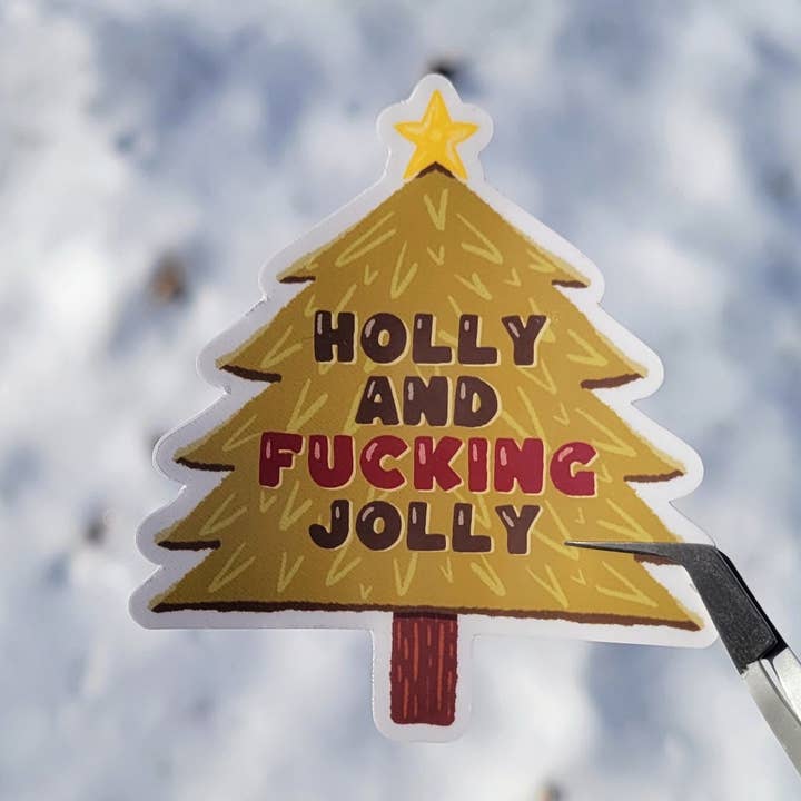Holly and Jolly Christmas Tree Vinyl Waterproof Sticker for wholesale by Hawburns Studio