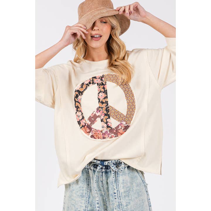 Sage + Fig - Wholesale Tunic - Women's - 3/4 SLEEVE WITH PEACE SIGN APPLIQUE LOOSE FIT TOP (ST7439)