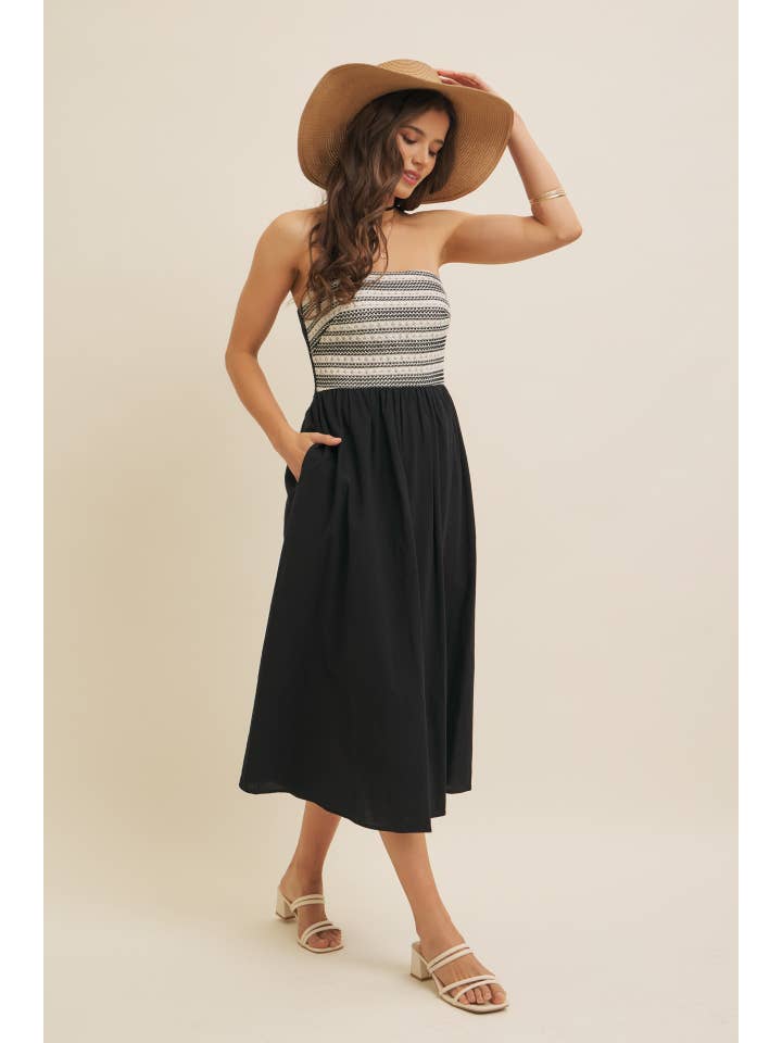 IVORY BLACK CROCHET CONTRAST TUBE TOP MIDI DRESS WITH POCKETS for wholesale on Faire