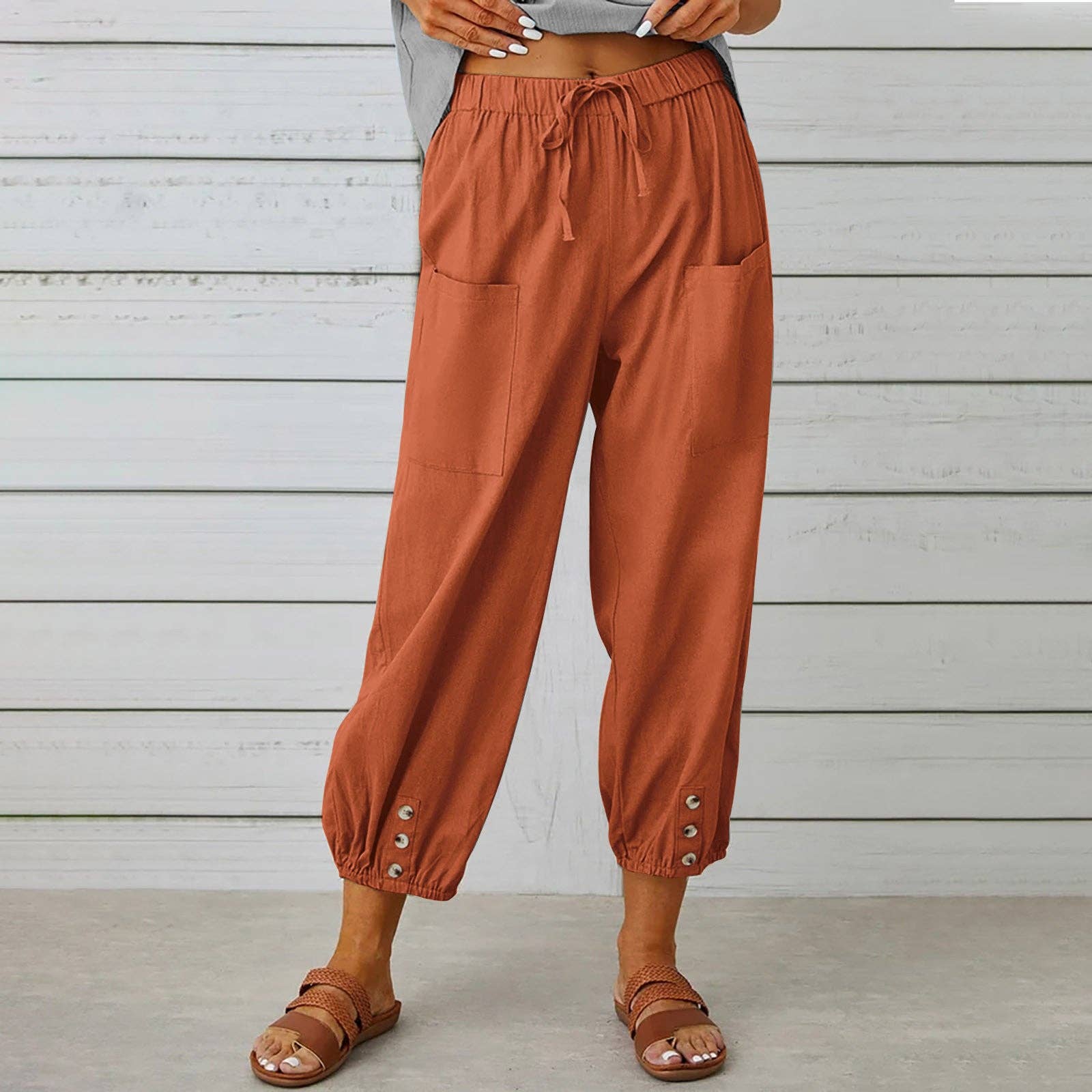 safistyle - Wholesale Pants - Women's - Loose High-Waist Buttoned Cotton Linen Wide-Leg Pants0
