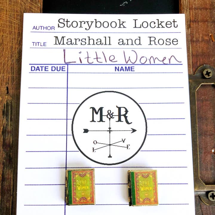 Marshall and Rose - Wholesale Stud/Post Earrings - Post Earrings Book Locket Little Women- Green Filagree