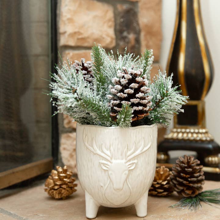 Flora Bunda Inc - Wholesale Ornament - Reindeer Winter Pine Arrangement in Ceramic Footed Pot3