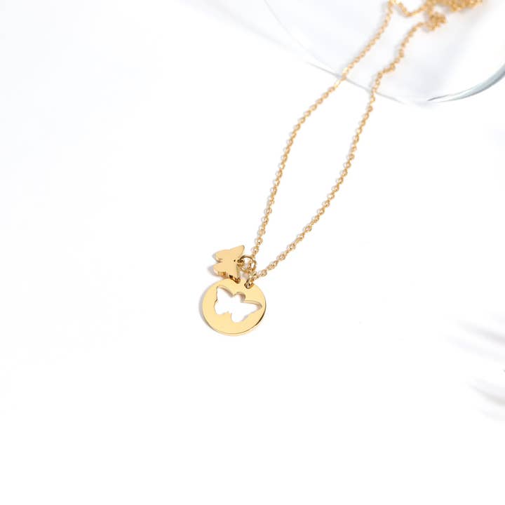WJW - Wholesale Pendant/Charm Necklace - 18K Gold PVD Stainless Steel Butterfly Cutout Necklace