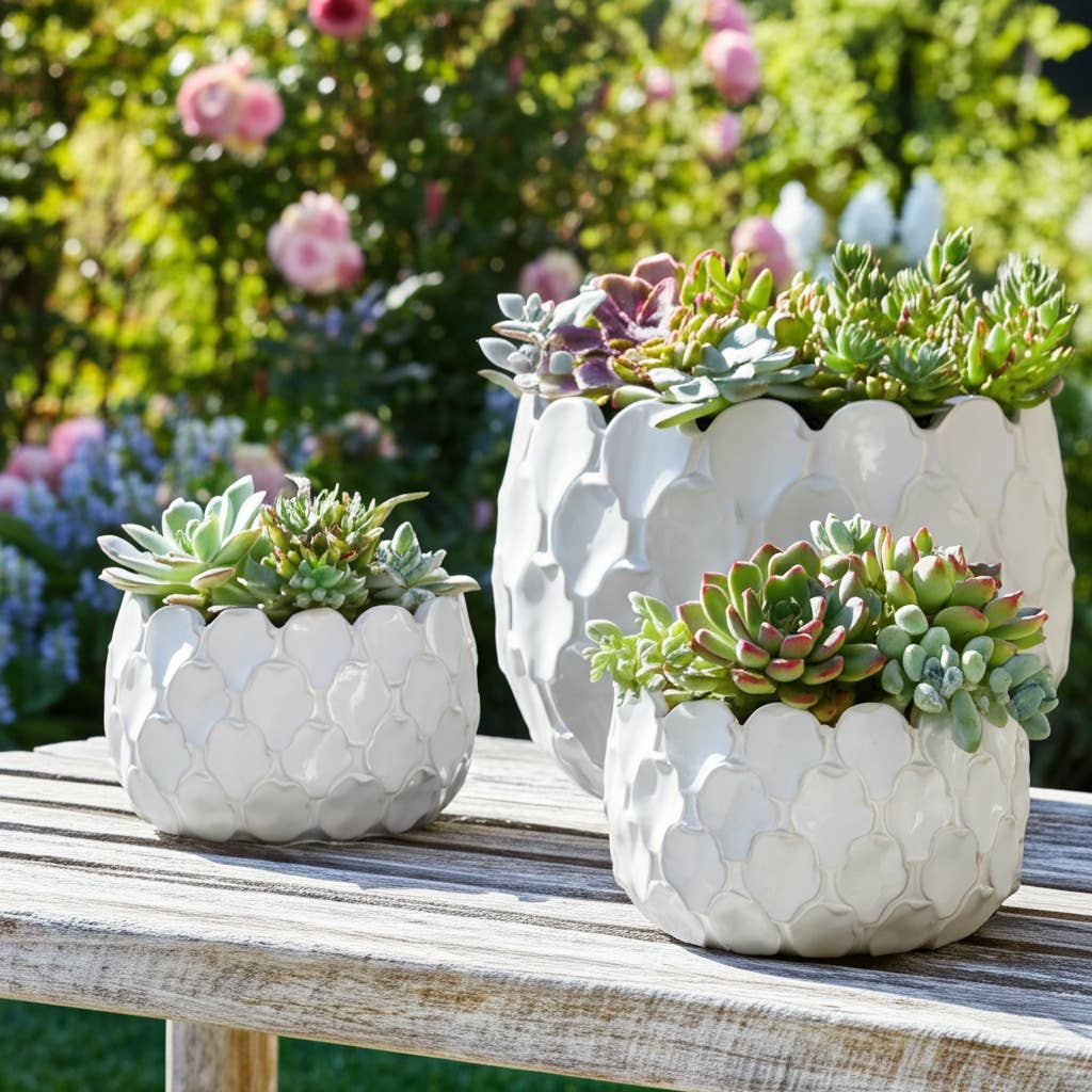 Sagebrook Home - Wholesale Plant Pot - Planters Set of 3 - White Ceramic Cloudy Petal, 9/12/15 in.2
