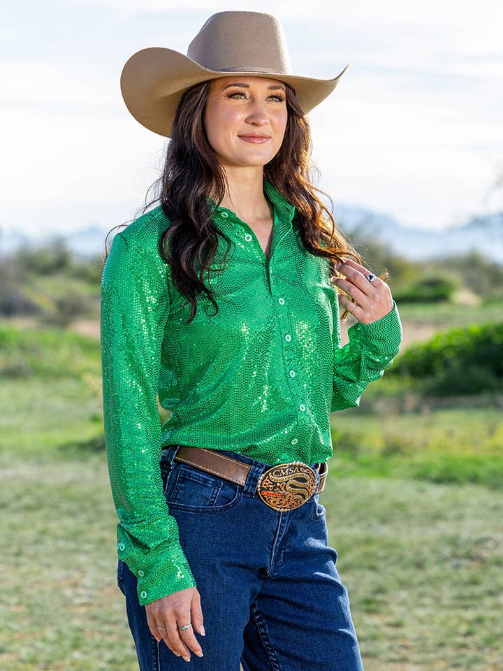 Pulôver de Lantejoulas Verde Brilhante com Botões, Peso Médio e Elástico por atacado de Cowgirl Tuff Co. / B. Tuff Jeans
