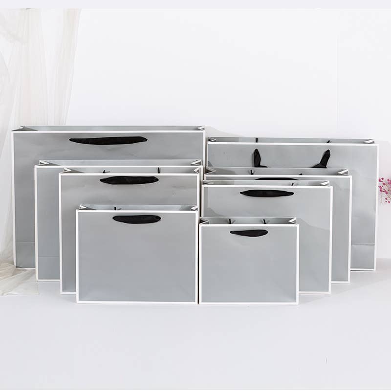 ByHome - Vendita all'ingrosso Buste regalo - Borsa regalo di carta grigio argento con bordo bianco con velina1